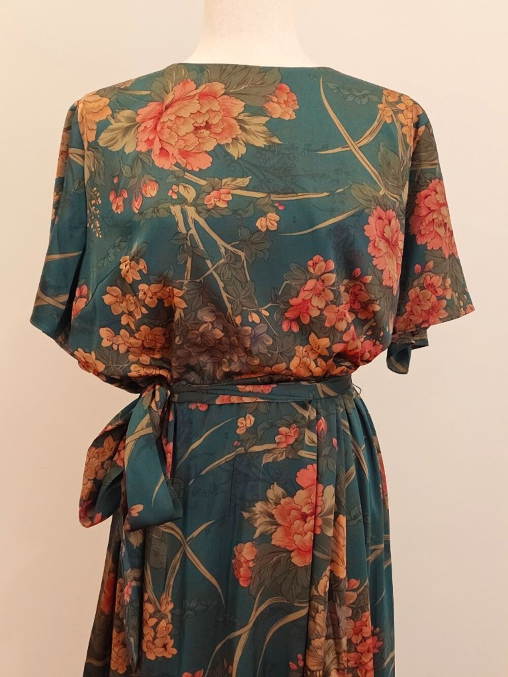 Baltic Born Agnes Satin Maxi Dress Womens 1XL Dark Green Floral Slit Tie NEW - Picture 2 of 15